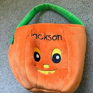 Jackson Personalized Orange Pumpkin Plush Trick-or-Treat Bag with Green Handle